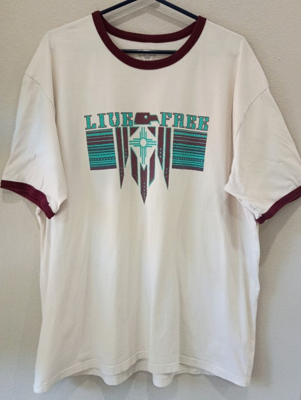 Crazy Train "Live Free" Graphic Ringer Tee - Cream with Maroon Trim 3X